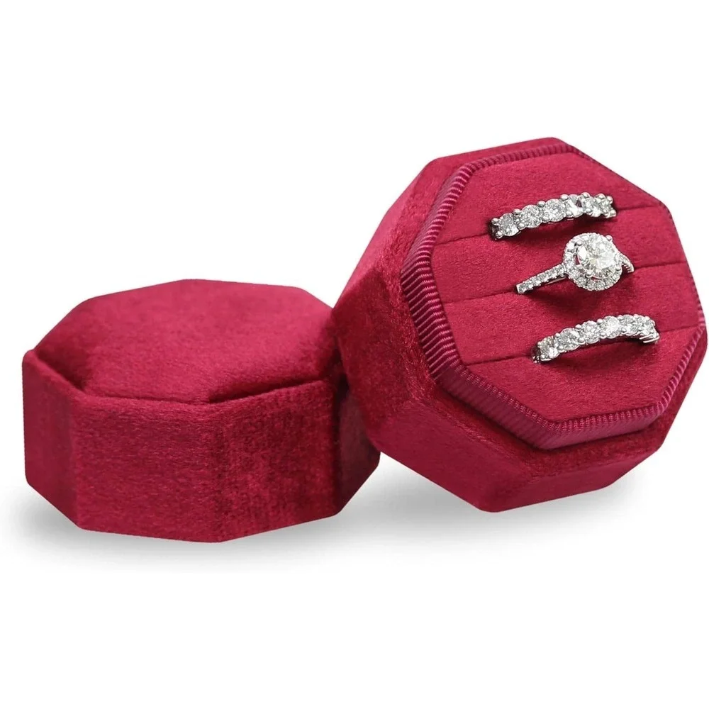 Velvet Octagon Ring Jewelry Box‎ Display Case Holder Storage Red